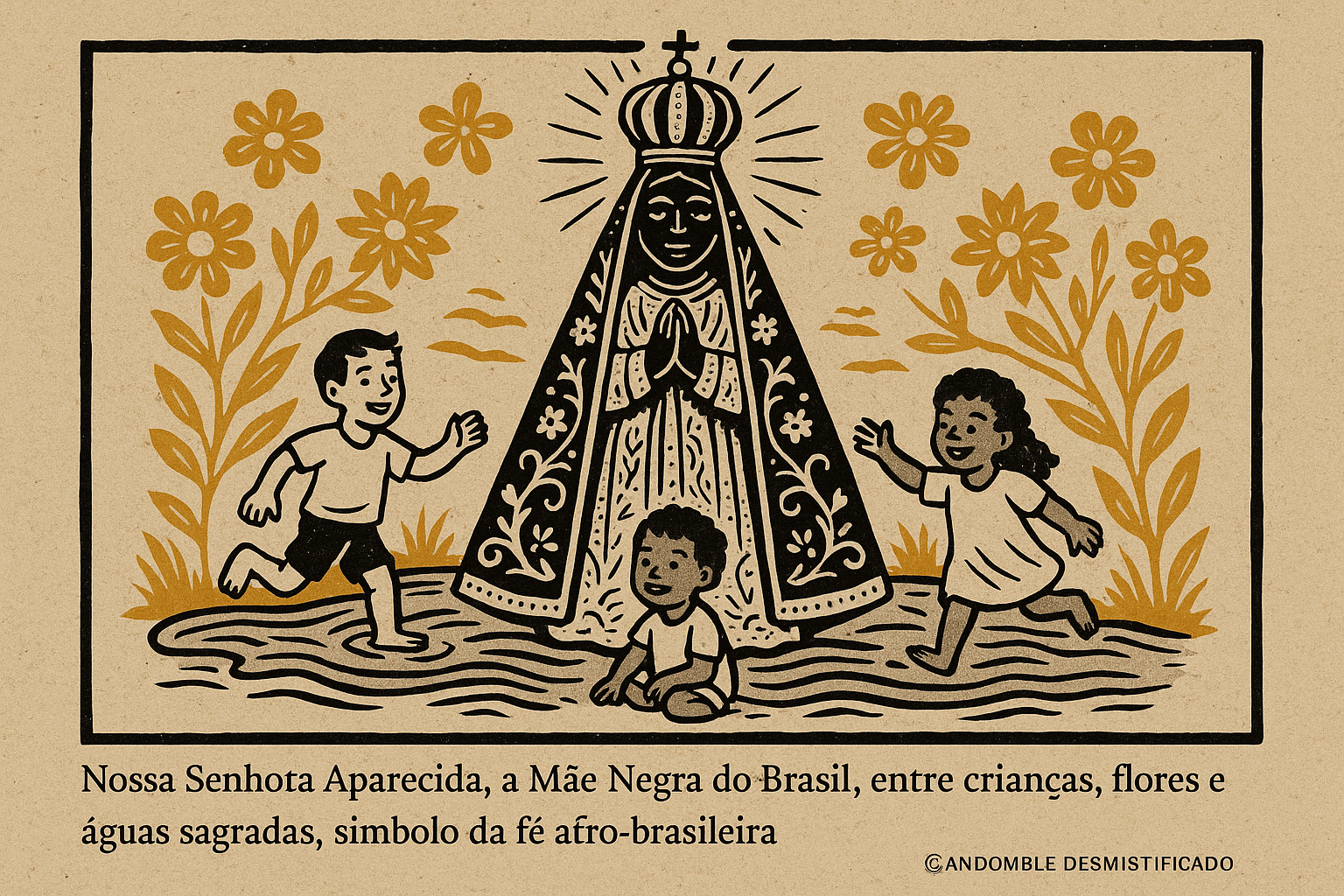 🕊️ Nossa Senhora Aparecida: A Mãe Negra do Brasil Nossa Senhora Aparecida, a Mãe Negra do Brasil, entre crianças, flores e águas sagradas, símbolo da fé afro-brasileira.