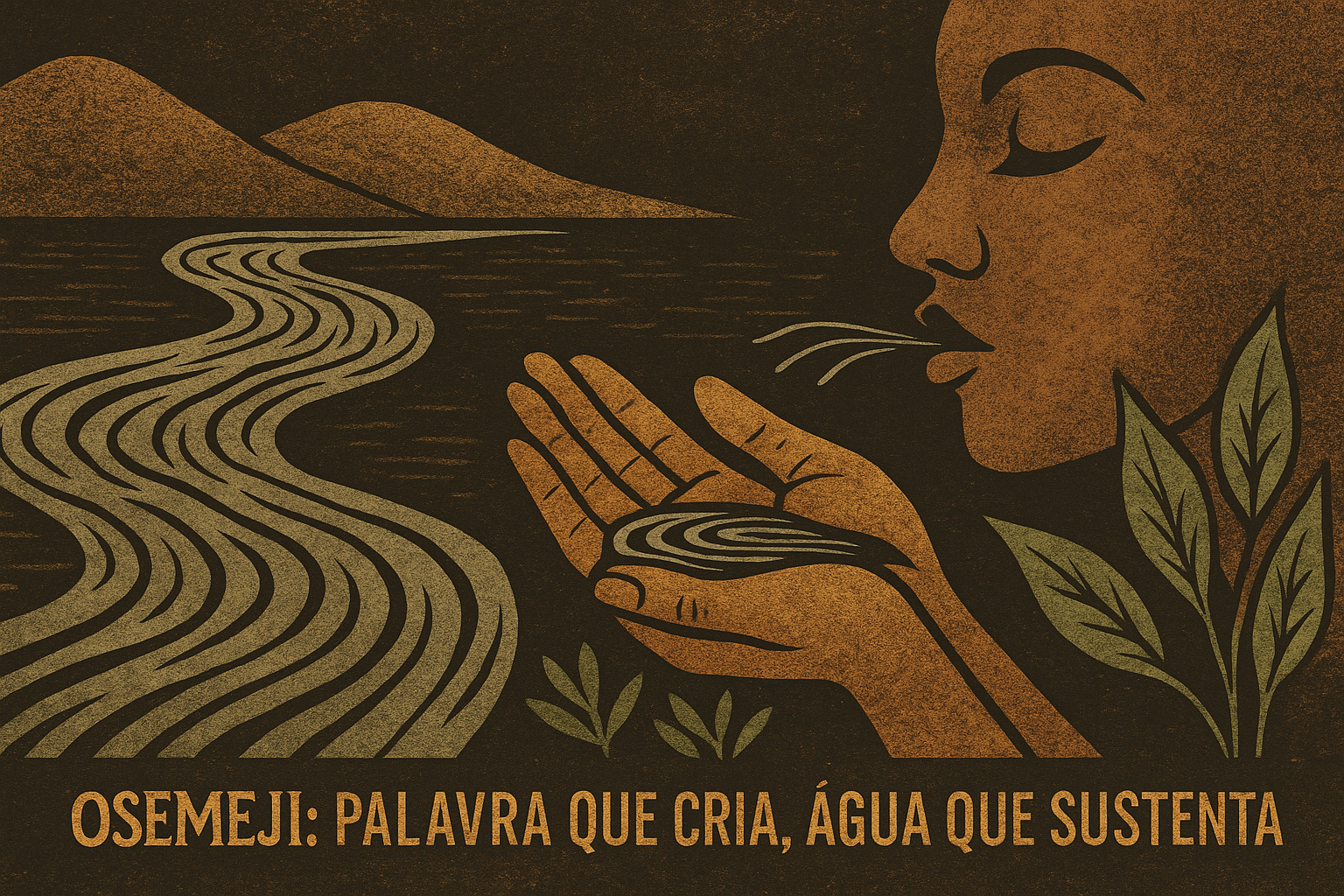 Osemeji: O Odu que Ensina o Poder da Palavra e o Silêncio das Águas Xilogravura de Osemeji com mãos segurando água e boca em prece sobre um rio sereno, símbolo do poder da palavra e do equilíbrio das águas em Ifá.