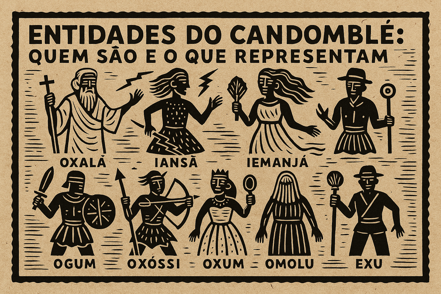 Entidades do Candomblé — ilustração em xilogravura com Orixás como Oxalá, Xangô, Iemanjá, Ogum, Oxum e Exu representando as forças da natureza