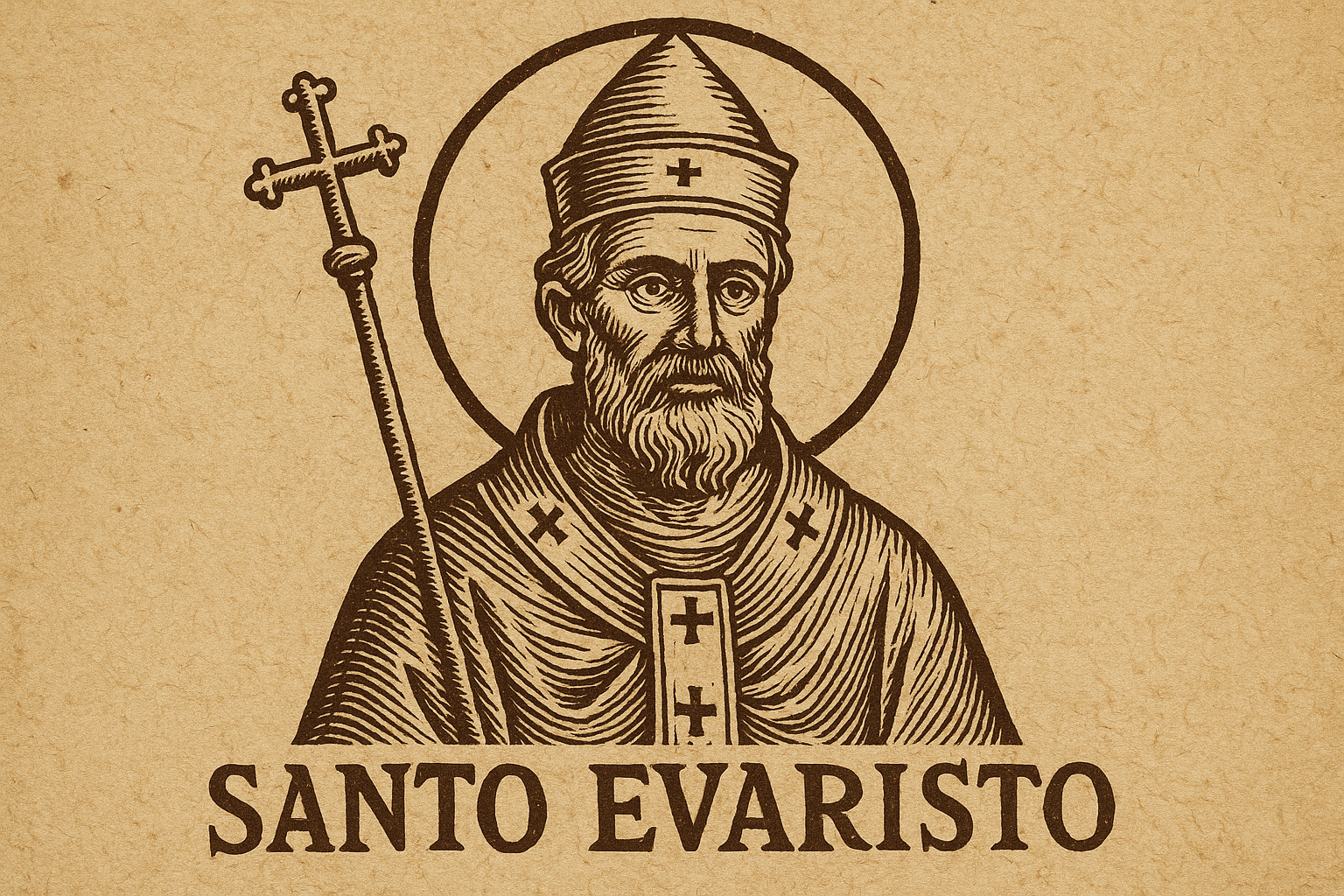 Ilustração de Santo Evaristo, Papa e mártir cristão, no estilo xilogravura moderna em tom sépia, segurando um livro e uma cruz simples, simbolizando fé e liderança espiritual.