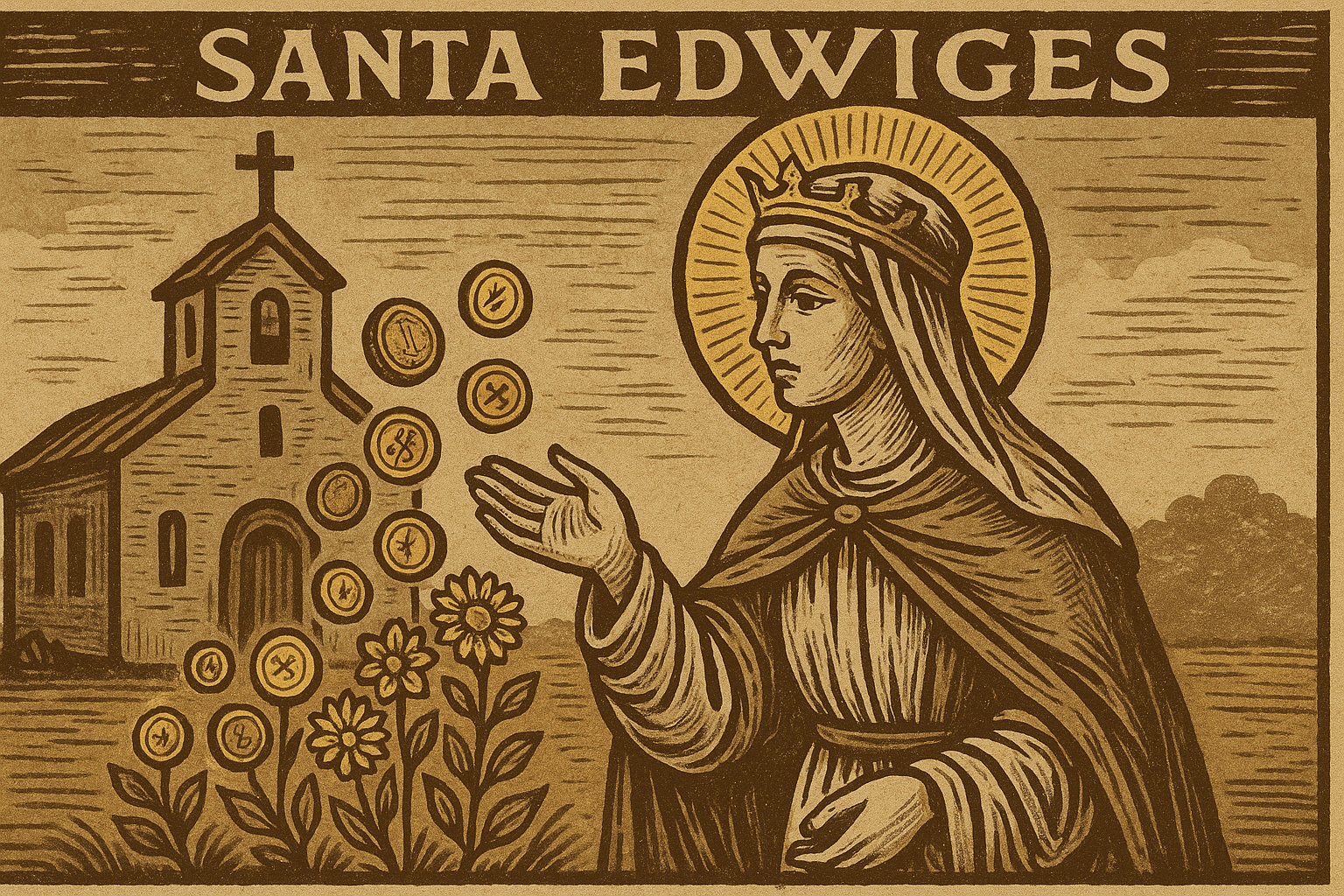 Santa Edwiges diante de uma igreja simples, com as mãos estendidas e moedas se transformando em flores douradas — símbolo da fé, caridade e prosperidade espiritual.