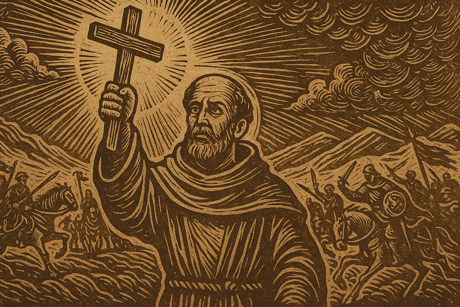 São João de Capistrano: A Força do Chamado Espiritual Ilustração em estilo xilogravura mostrando São João de Capistrano erguendo uma cruz sob luz dourada, simbolizando fé, coragem e o chamado espiritual.