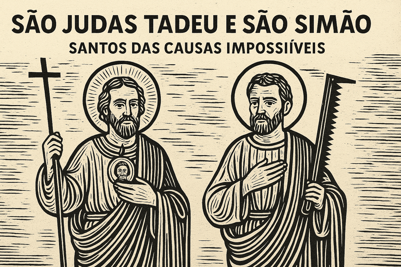 xilogravura horizontal de São Judas Tadeu e São Simão com símbolos de Ogum e Oxóssi – Candomblé Desmistificado