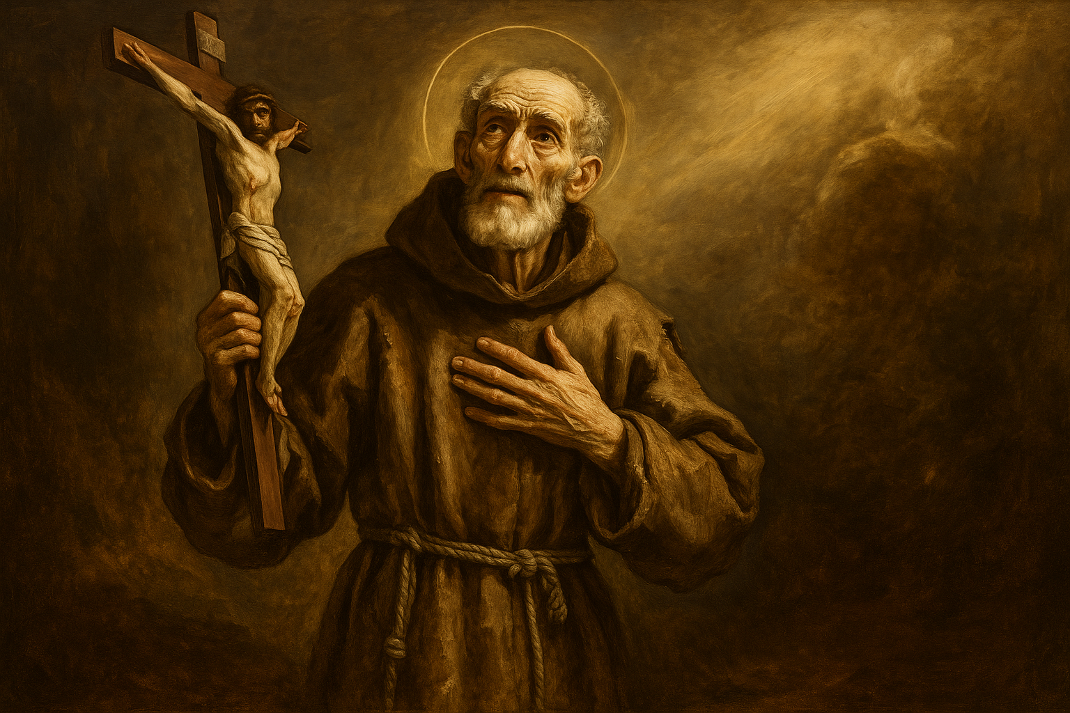 São Pedro de Alcântara: O Santo do Perdão, da Liberdade e da Força Interior Xilogravura de São Pedro de Alcântara em oração diante de um céu dourado, segurando uma cruz de madeira, símbolo do perdão e da liberdade espiritual.