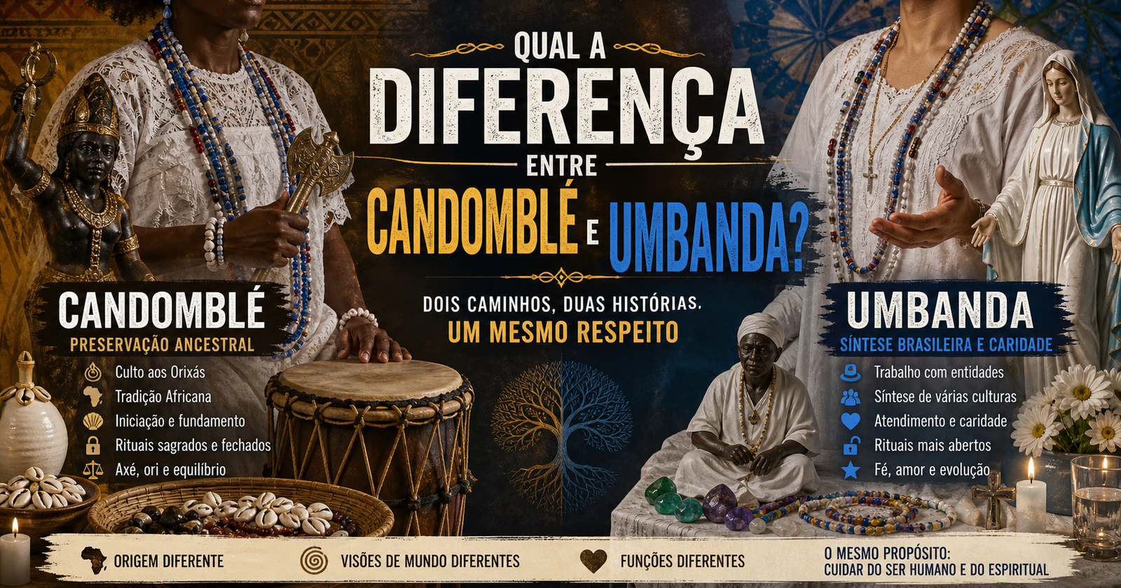 Imagem horizontal comparativa sobre a diferença entre Candomblé e Umbanda, mostrando elementos do Candomblé como atabaque, búzios e símbolos dos Orixás ao lado de elementos da Umbanda como guias, velas, flores e entidades espirituais.