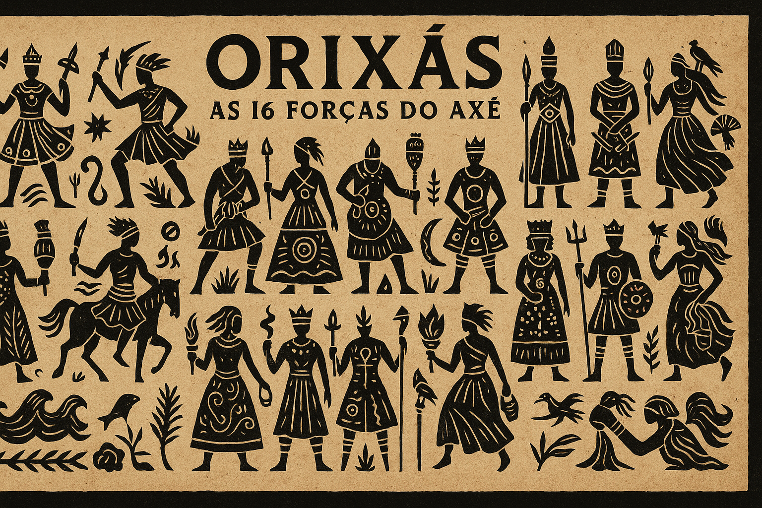 Ilustração dos 16 Orixás do Candomblé em estilo xilogravura, representando as forças da natureza e do axé — Ogum, Oxum, Xangô, Iemanjá, Iansã, Oxóssi, Obaluayê, Nanã, Oxumarê, Logunedé, Obá, Ossaim, Ibeji, Oxalá, Exu e Ori.