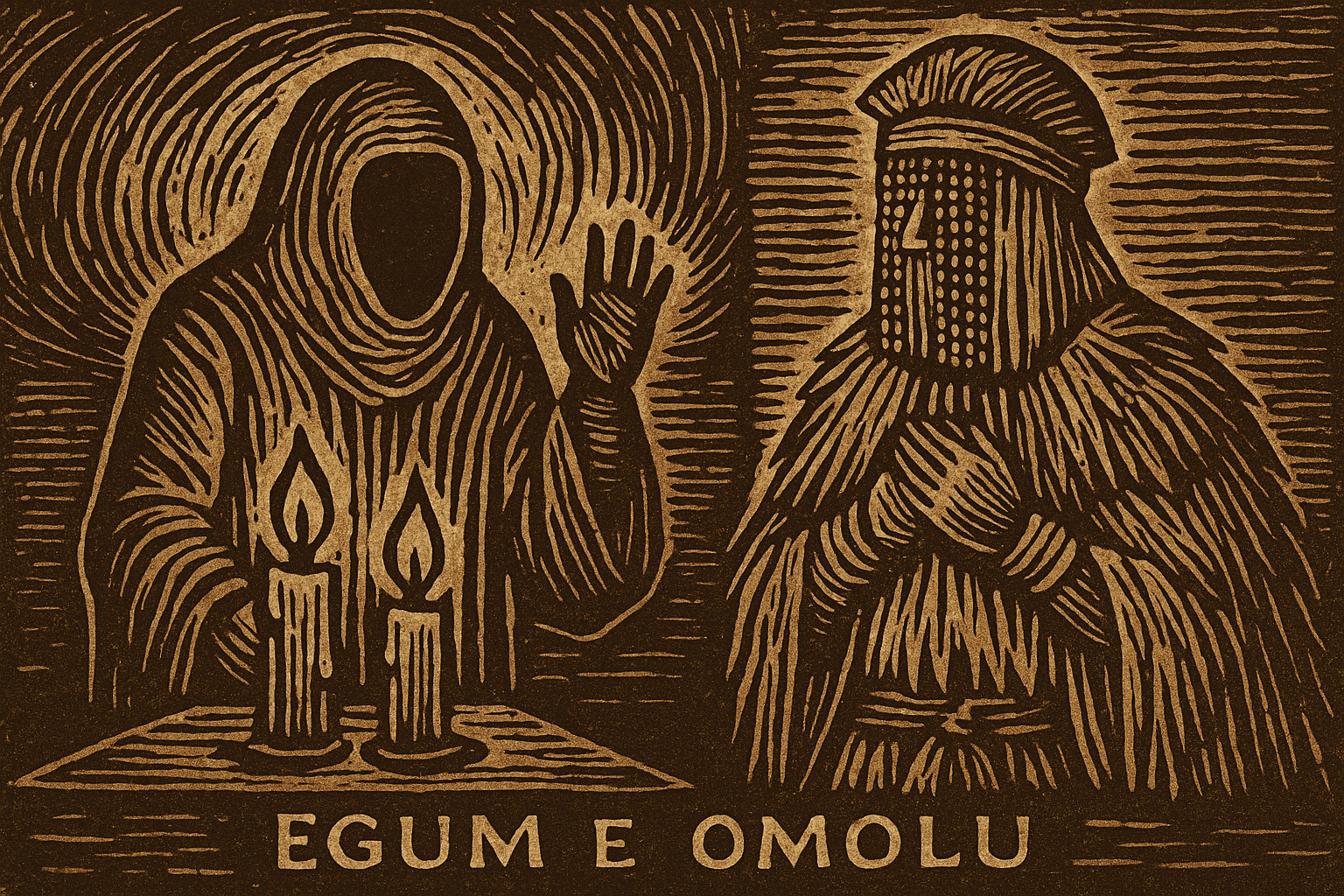 Egum e Omolu: A Cura que Nasce da Terra Egum e Omolu representados em xilogravura moderna, iluminados por velas, simbolizando a cura e o axé ancestral.