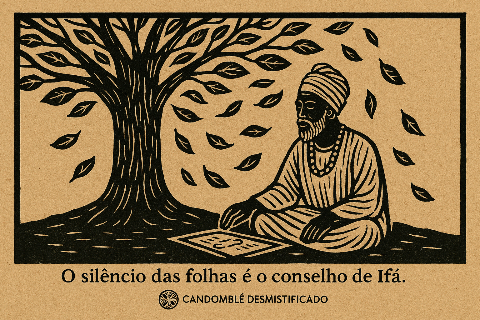 Ifá e o renascimento espiritual no Candomblé — Orunmilá sob a árvore sagrada em xilogravura moderna.