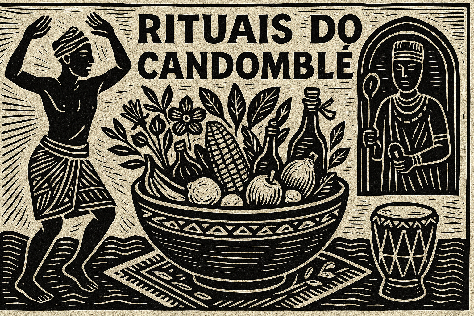 Xilogravura horizontal mostrando elementos dos rituais do candomblé, com dançarino, atabaque, oferendas e símbolos sagrados sobre fundo de papel reciclado.