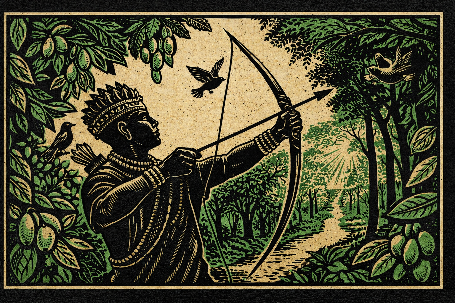 Dia de Oxóssi: xilogravura horizontal com Oxóssi arqueiro na mata, arco e flecha apontados ao alto, pássaros e folhas verdes ao redor.