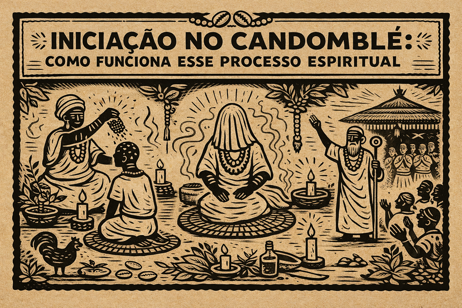 Iniciação no candomblé em xilogravura moderna: pessoa em ritual diante de atabaques, folhas sagradas e símbolos do terreiro, em arte horizontal com fundo de papel.