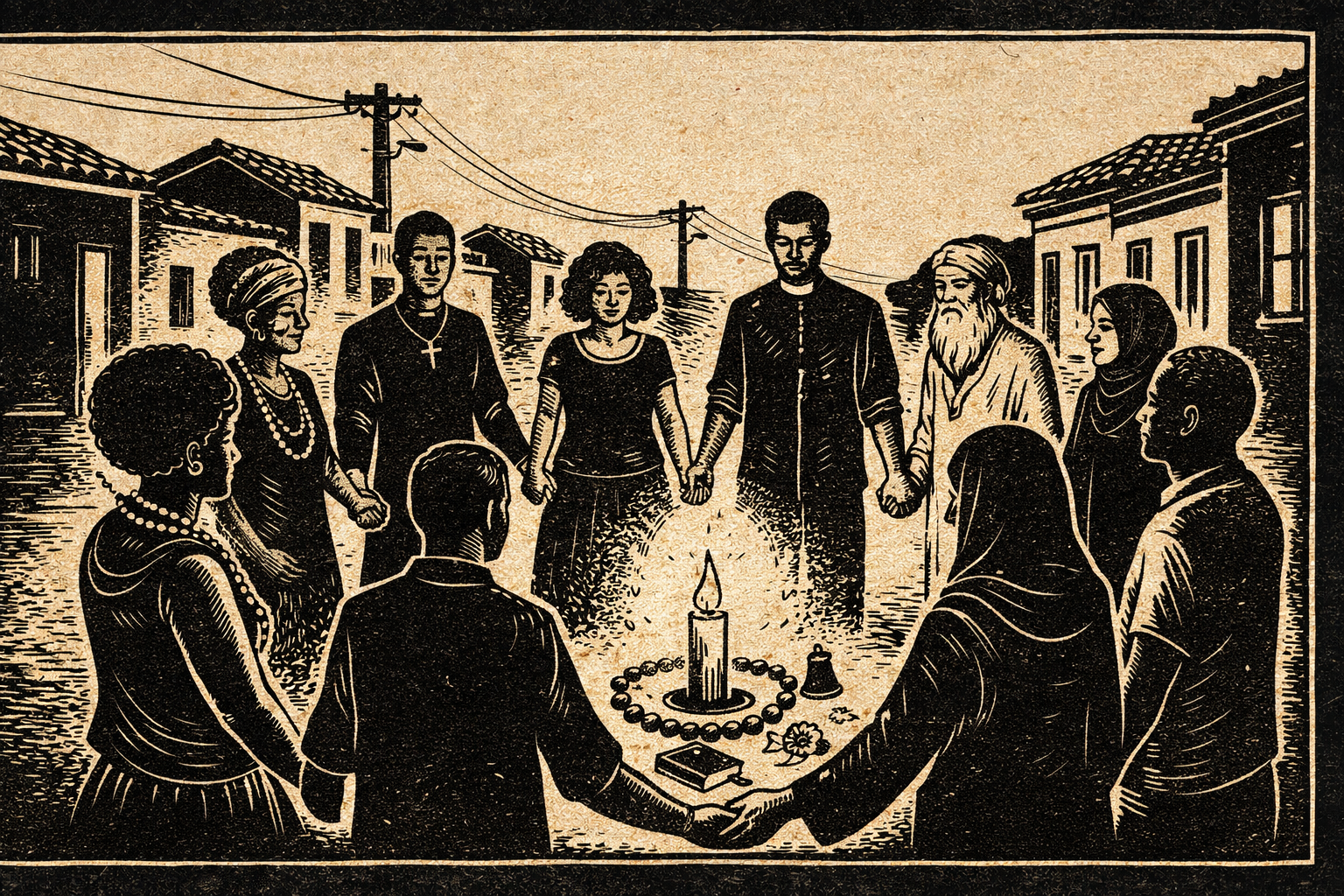 Liberdade religiosa no Brasil em xilogravura: pessoas de mãos dadas e símbolos de diferentes crenças lado a lado, representando respeito, laicidade e combate à intolerância.