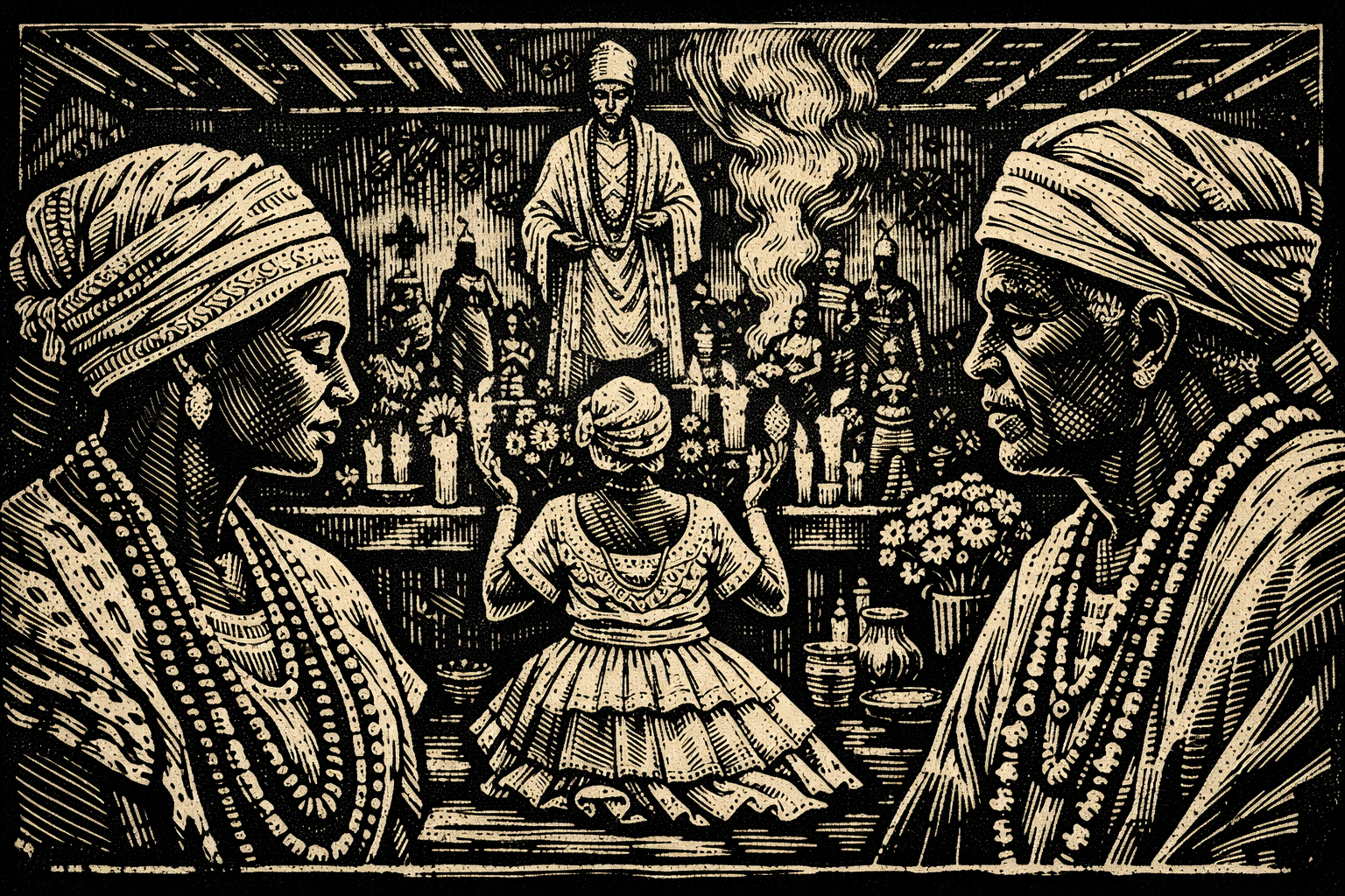 Roupas Brancas no Candomblé: significado, fundamento e por que isso não é “só tradição” Roupas brancas no candomblé: cena em estilo xilogravura cinematográfica com pessoas paramentadas de branco diante de um altar com velas e flores.