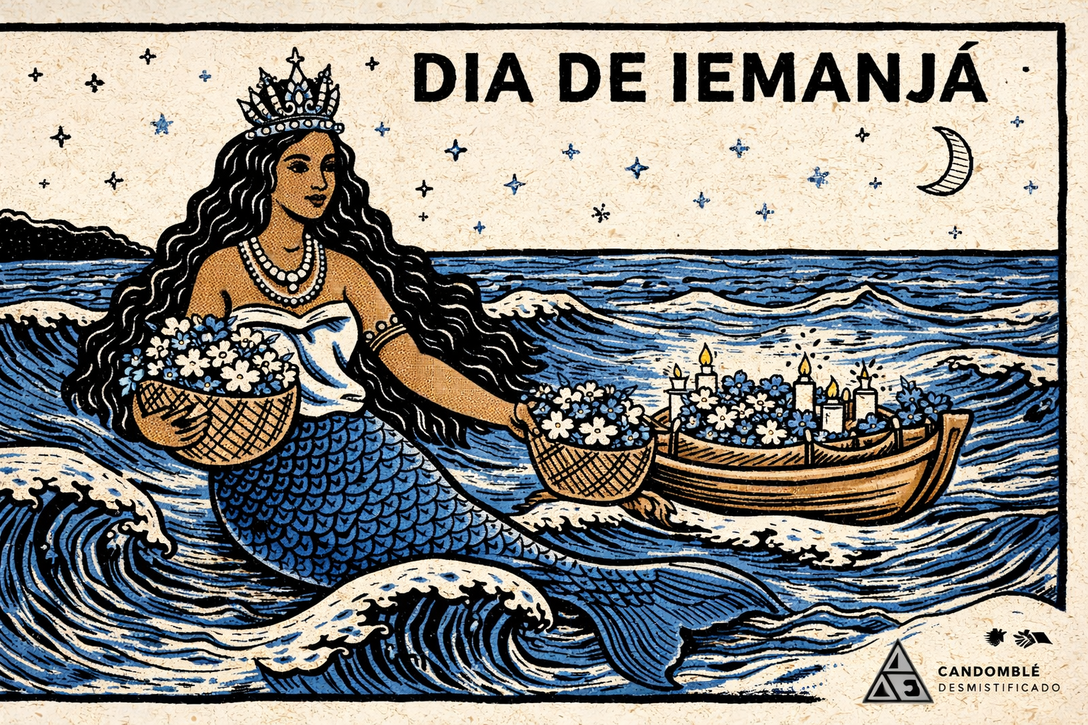 Dia de Iemanjá em xilogravura moderna: ondas do mar, conchas e a presença simbólica da Rainha do Mar no Candomblé.