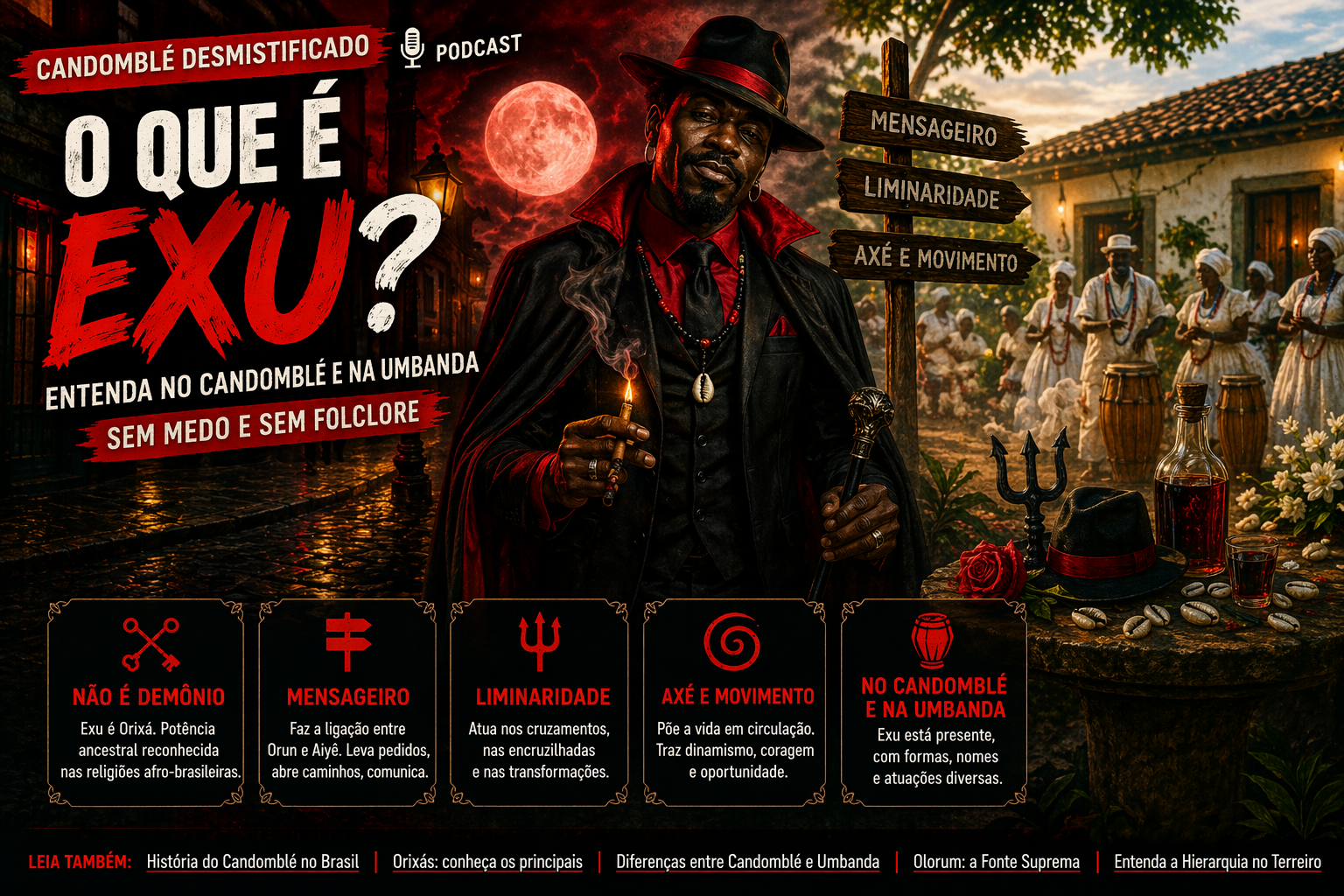 o que é Exu: Exu em imagem horizontal cinematográfica, com elementos do Candomblé e da Umbanda, representando movimento, encruzilhada, axé e comunicação espiritual