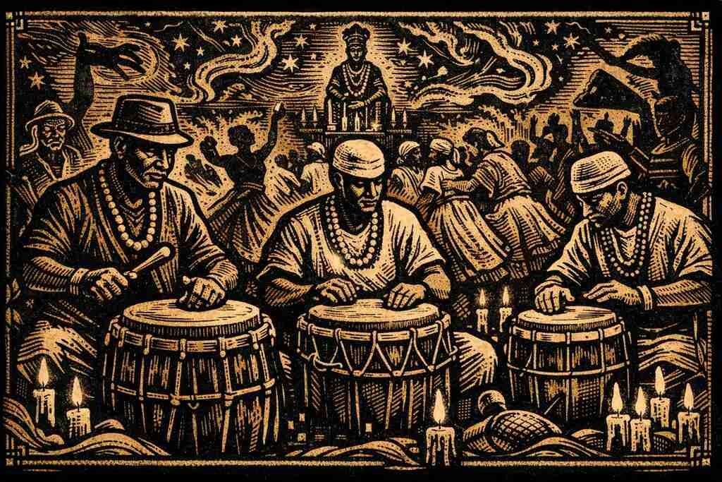 Atabaque no candomblé: ogãs tocando Rum, Rumpi e Lé em terreiro à luz de velas, em arte estilo xilogravura.