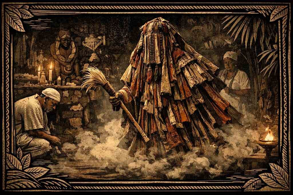 Culto a Egungun em cena ritual: figura ancestral mascarada no centro, fumaça no chão, velas acesas e devoto ajoelhado em respeito, em estética cinematográfica com traços de xilogravura.