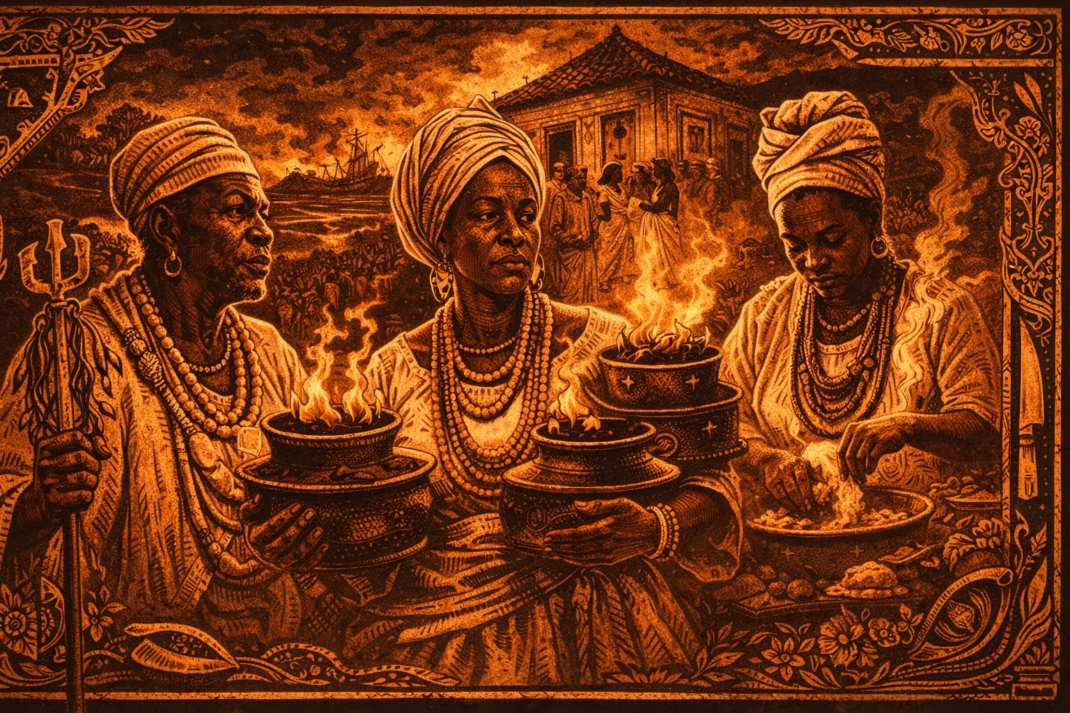 Mulheres de axé em cena horizontal cinematográfica com detalhes em xilogravura, representando liderança feminina, ancestralidade e tradição no Candomblé