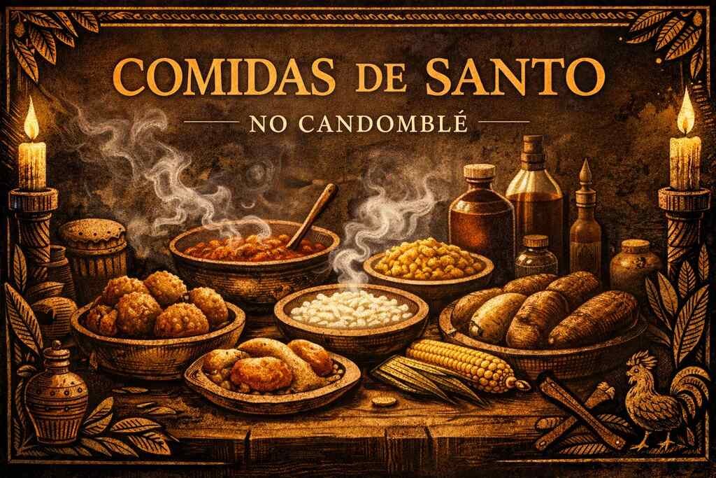 Comidas de santo no Candomblé dispostas em mesa ritual com acarajé, canjica, inhame, milho e detalhes em xilogravura horizontal cinematográfica.