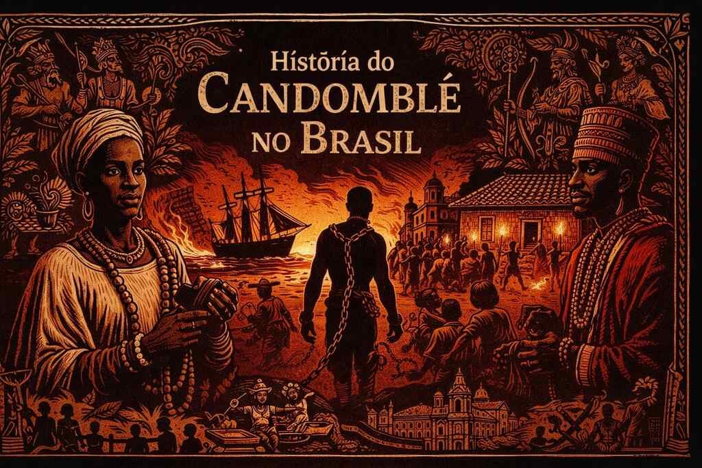História do Candomblé no Brasil: origem, resistência e formação dos terreiros História do Candomblé no Brasil representada em cena cinematográfica com detalhes em xilogravura, mostrando ancestralidade, travessia, resistência negra e formação dos terreiros.