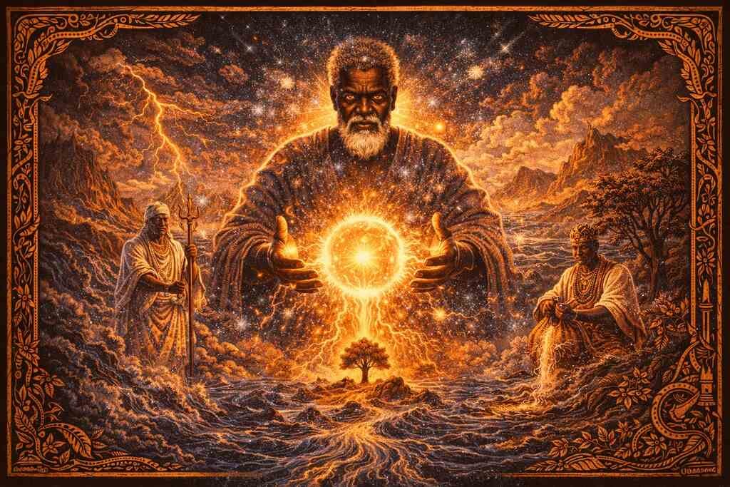 Olorum representado em imagem horizontal cinematográfica com detalhes em xilogravura, mostrando a força da criação, o axé e a dimensão suprema no Candomblé.