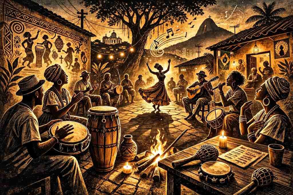 Samba de terreiro em roda noturna: músicos e coro em quintal iluminado, estética cinematográfica com traços de xilogravura.