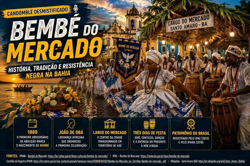 Bembé do Mercado: história, tradição e resistência negra na Bahia Bembé do Mercado em imagem horizontal cinematográfica com cortejo afro-brasileiro, atabaques, oferendas e celebração pública do Candomblé em Santo Amaro, na Bahia