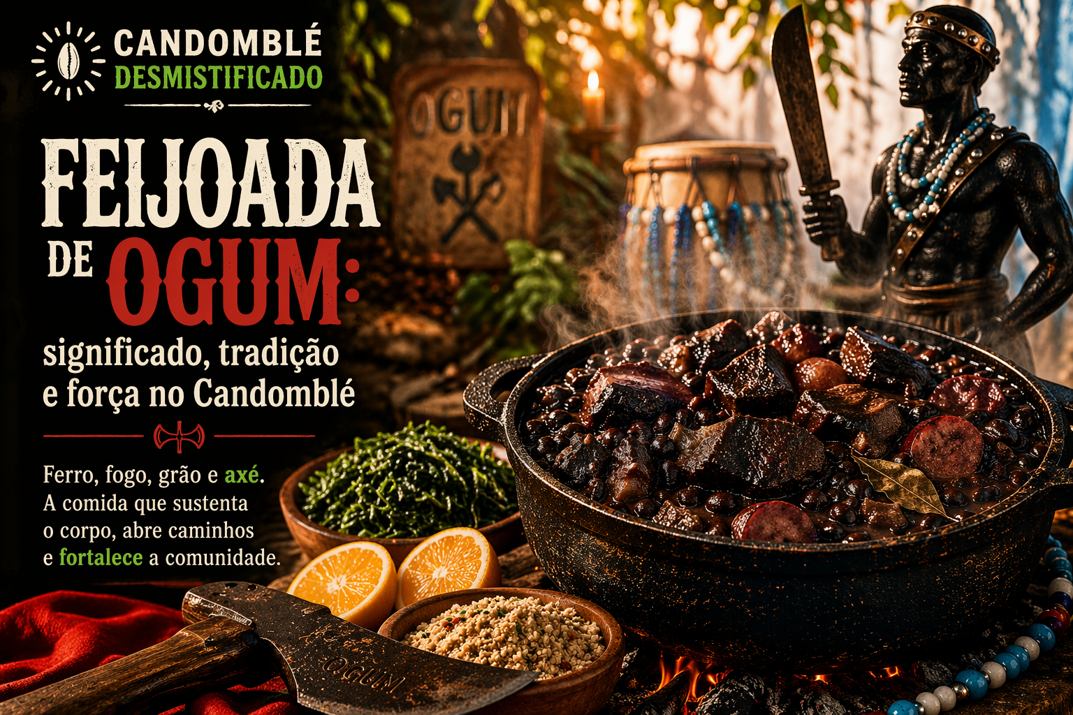 Feijoada de Ogum em imagem horizontal cinematográfica com detalhes afro-brasileiros, caldeirão de ferro, folhas, laranja e símbolo de Ogum no Candomblé