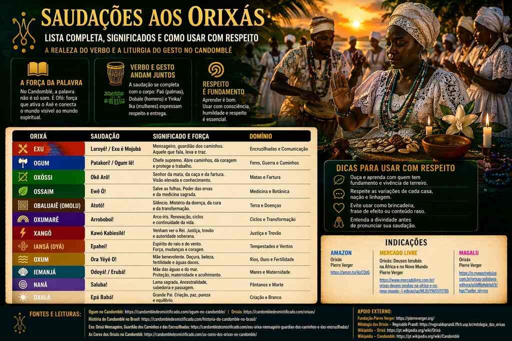Saudações aos Orixás: lista completa, significados e como usar com respeito Saudações aos Orixás em imagem horizontal com ritual de Candomblé, atabaques, mulher em reverência e quadro com lista de saudações e significados