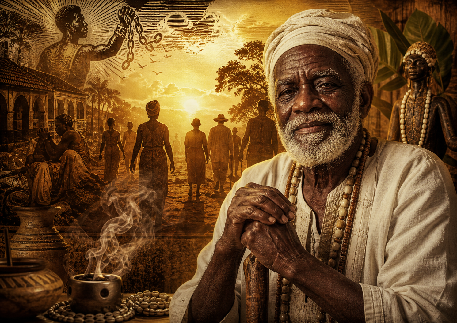Imagem horizontal sobre o 13 de maio, mostrando memória negra, abolição da escravatura, ancestralidade afro-brasileira, Pretos-Velhos, correntes quebradas, terreiros e símbolos de resistência espiritual.
