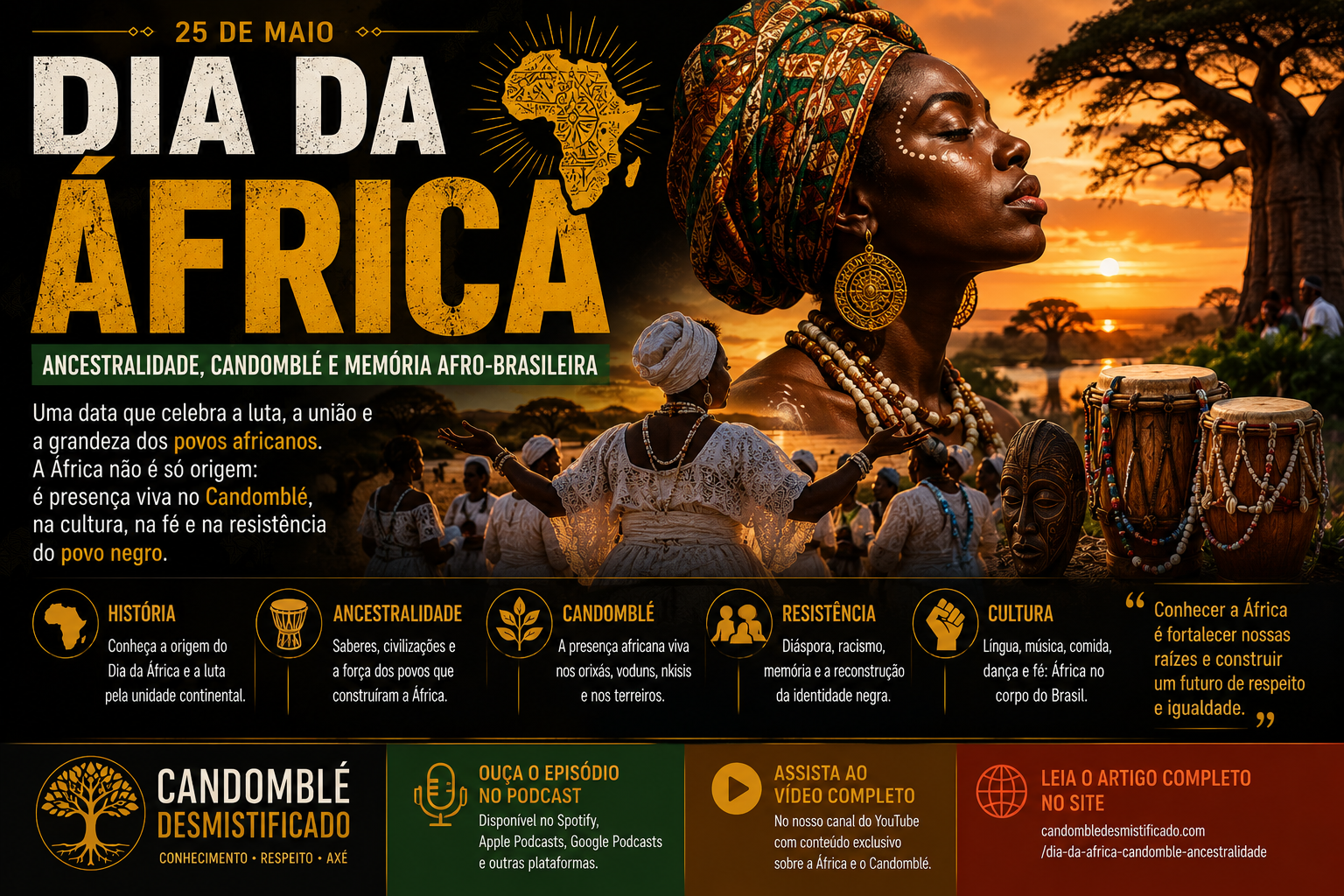 Dia da África com mulher negra em destaque, baobá, atabaques, símbolos africanos e elementos do Candomblé representando ancestralidade e memória afro-brasileira.