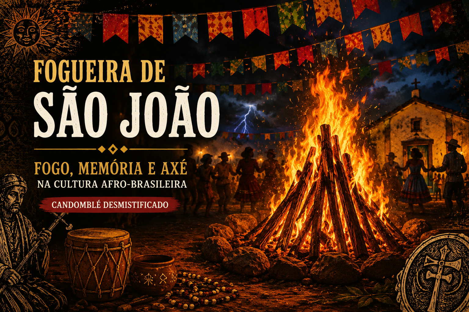 Fogueira de São João: Origem, Simbolismo, Fogo e Axé Fogueira de São João acesa à noite, com bandeirinhas juninas, pessoas em silhueta, céu escuro e símbolos afro-brasileiros ligados ao fogo, à memória e ao axé.