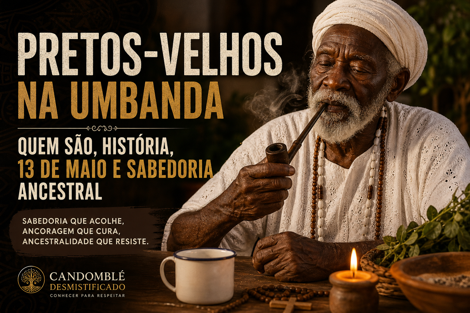 Pretos-Velhos na Umbanda com Preto-Velho sentado em ambiente de terreiro, cachimbo, café, vela acesa, ervas e elementos de ancestralidade afro-brasileira.