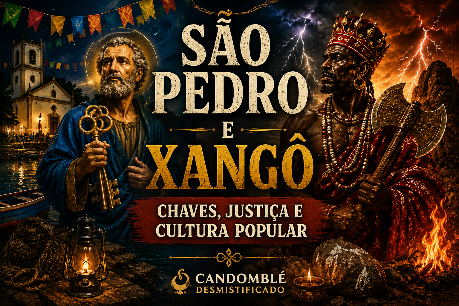 São Pedro segurando chaves ao lado de Xangô com oxé, em composição cinematográfica com igreja, barcos, chuva, fogo, trovões e elementos de festa junina.