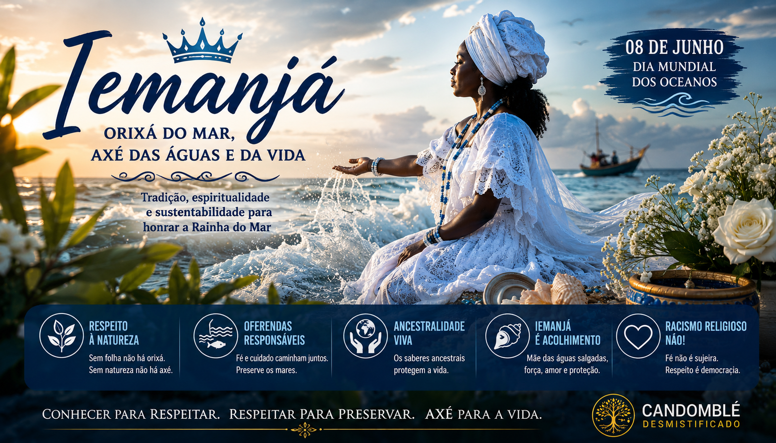 Iemanjá diante do mar ao pôr do sol, com flores brancas, águas azuis, conchas e símbolos de axé representando o orixá das águas salgadas.