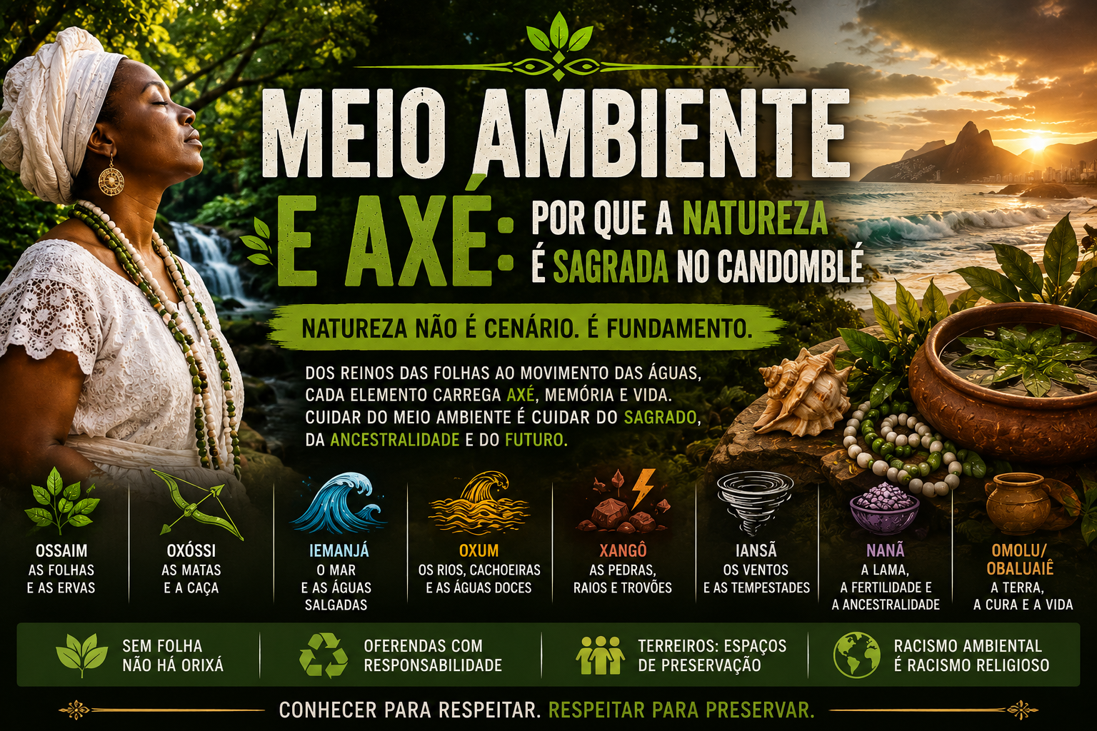 Meio ambiente e axé no Candomblé, com mulher negra de branco diante da natureza, folhas, águas, mar, mata e símbolos dos orixás ligados aos elementos naturais.