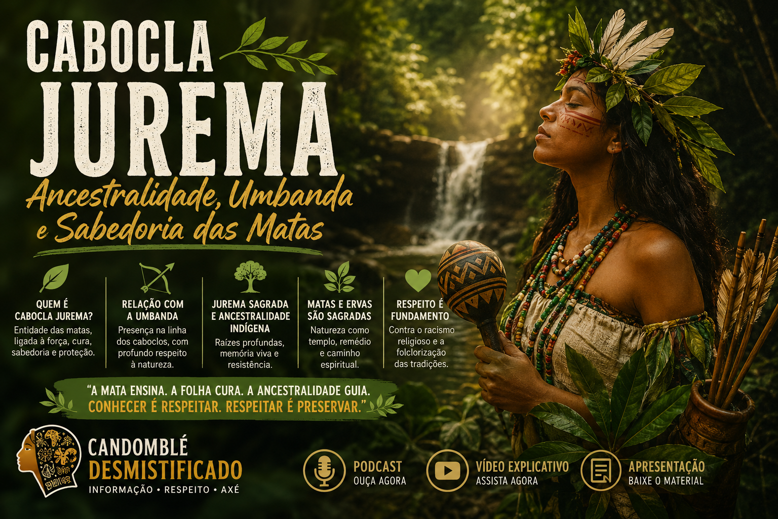 Cabocla Jurema: Ancestralidade, Umbanda e Sabedoria das Matas Cabocla Jurema representada em meio à mata, com folhas, maracá, cachoeira e luz dourada, simbolizando Umbanda, ancestralidade indígena e sabedoria das matas.